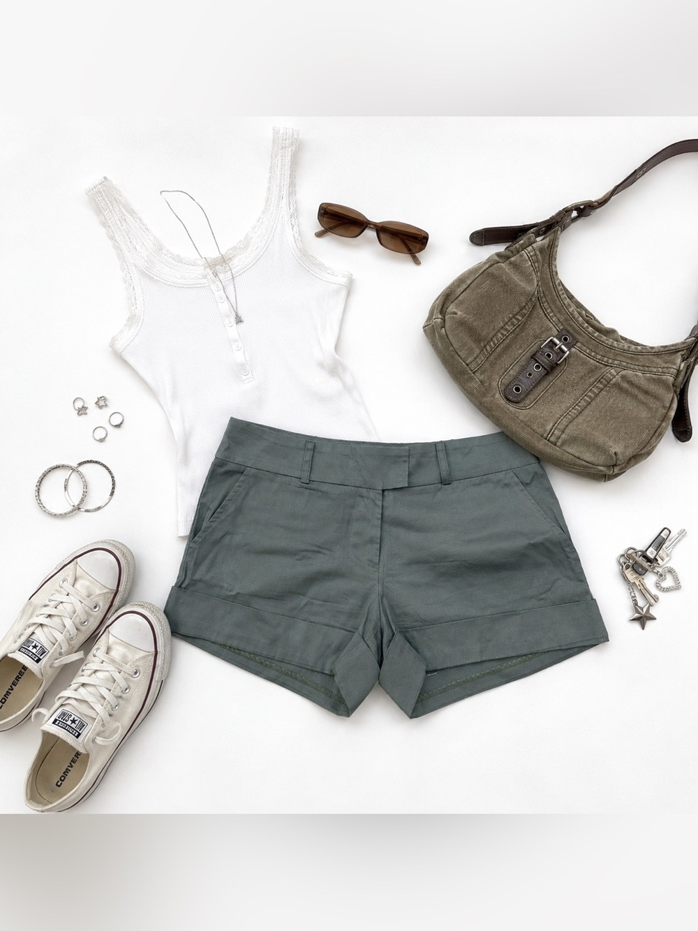 Y2K Olive Green Tailored Shorts Low Rise Cuffed Mini Shorts 90s 00s Vintage M